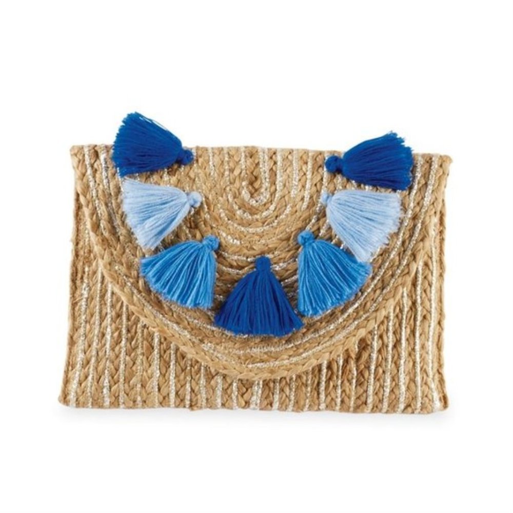 NWT Mud Pie Blue Tassel Metallic Jute Clutch